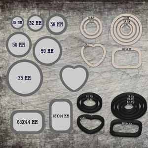 May include: A collection of various shaped craft templates, including circles, hearts, and rectangles, with sizes ranging from 25 mm to 75 mm. Some templates are layered, and all are displayed against a textured gray background.