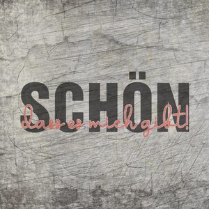 Könnte beinhalten: Grauer, strukturierter Hintergrund mit dem deutschen Wort "SCHÖN" in großen, dunkelgrauen Buchstaben. Darunter, in rosa Schrift, der Satz "dass es mich gibt!"