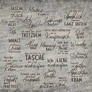 Könnte beinhalten: Ein grauer, strukturierter Hintergrund mit verschiedenen handgeschriebenen Sätzen in schwarzer Schrift. Die Sätze enthalten Wörter wie "Mommy Bag", "Shopping" und "Chaos". Das Gesamtthema deutet auf einen Fokus auf den Alltag und das Einkaufen hin.