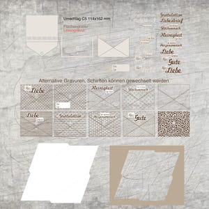 May include: A selection of stationery items, including envelopes and design variations. The image displays German text such as "Liebe" and "Gratulation", with envelope dimensions of 114x162 mm.