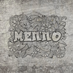 May include: A grayscale illustration with the word "Mello" in a bold font, set against a backdrop of intricate floral and leaf patterns. The design has a textured, aged appearance, reminiscent of a vintage print.