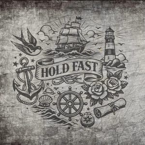 Könnte beinhalten: Schwarz-weiß nautische Illustration mit Segelschiff, Leuchtturm, Anker und dem Schriftzug "HOLD FAST" auf einem Banner. Das Design umfasst Rosen, ein Steuerrad und einen Kompass, die eine Vintage-Ästhetik hervorrufen.