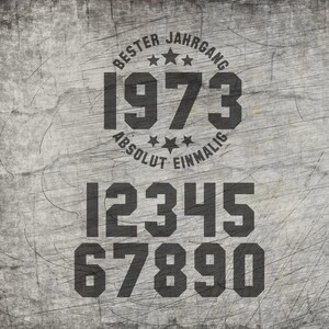 May include: A distressed grey background with the text "BESTER JAHRGANG 1973 ABSOLUT EINMALIG" in a circular design, and the numbers 1 to 0 in a bold font. The design has a vintage, worn appearance.