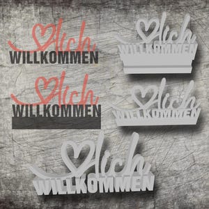 May include: Several decorative signs with the German word "Willkommen" (Welcome). The signs are in various styles, including a cursive font with a heart and a crown design. The color palette includes shades of gray and a coral-pink.
