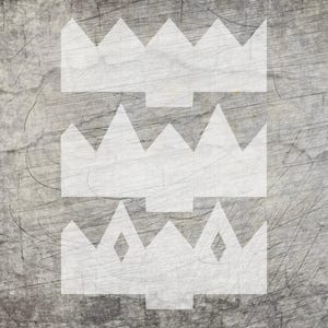 May include: Three white crown shapes are stacked vertically on a textured, gray background. The crowns have a simple, geometric design with pointed peaks and a rectangular base. The background has a distressed, scratched appearance.