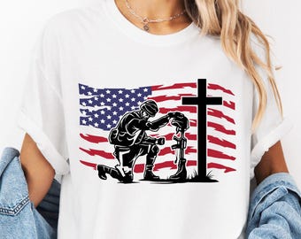 Soldier Memorial T-Shirt, Patriotic USA Flag, Veteran Honor Tribute War Remembrance Apparel