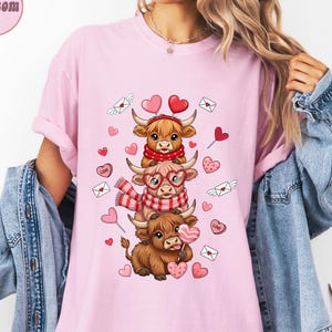 Valentine Highland Cow Shirt Love Cow Design Pink Graphic Tee image 2