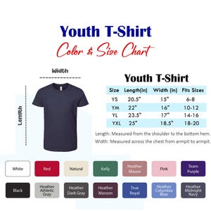 May include: A navy blue youth t-shirt with a color and size chart. The chart lists sizes YS to YXL, with measurements in inches for length and width. Color options include white, red, black, and more.