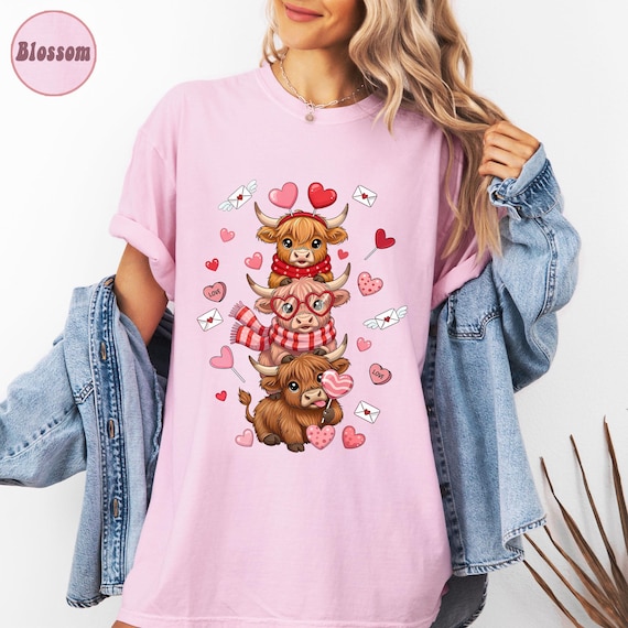 Valentine Highland Cow Shirt Love Cow Design Pink Graphic Tee
