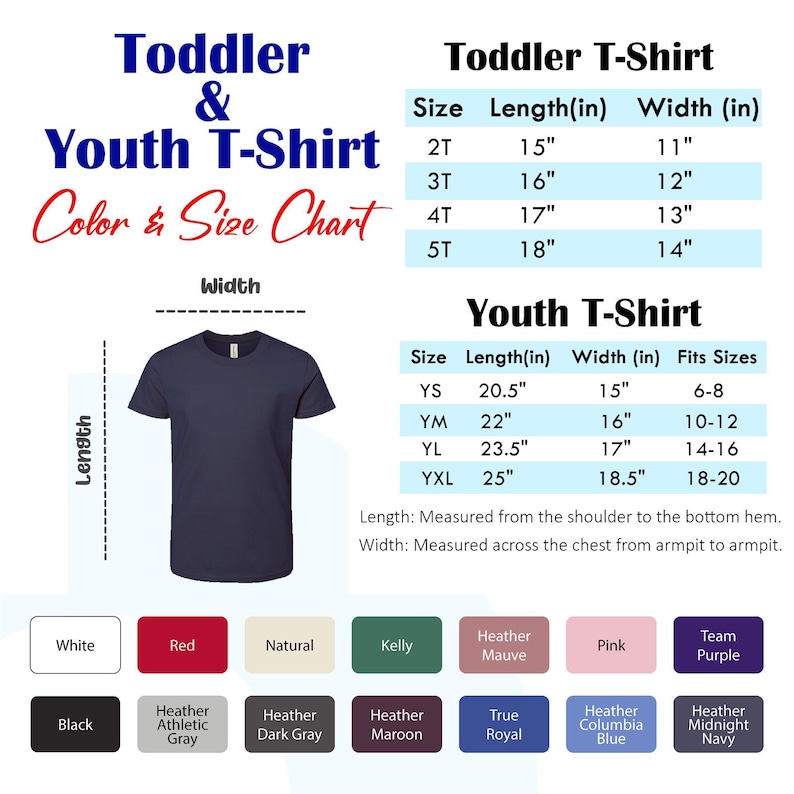 Puede incluir: Camiseta azul marino para ni&ntilde;os peque&ntilde;os y j&oacute;venes con una tabla de colores y tallas. La tabla enumera tallas, largos en pulgadas y anchos en pulgadas para tallas de ni&ntilde;os peque&ntilde;os y j&oacute;venes. Las opciones de color incluyen blanco, rojo y negro.