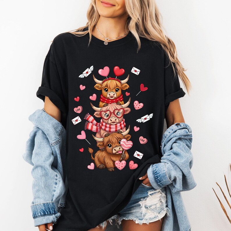Valentine Highland Cow Shirt Love Cow Design Pink Graphic Tee image 11