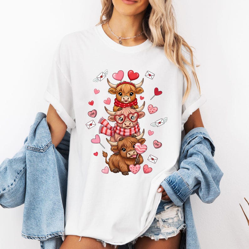 May include: White t-shirt featuring a stacked design of three cartoon Highland cows. The cows are wearing scarves, glasses, and holding hearts and lollipops. Surrounding the cows are hearts, envelopes, and heart-shaped wings.