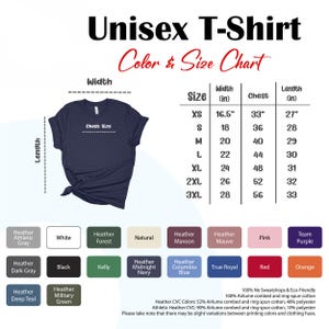 May include: A navy blue Unisex T-Shirt with a color and size chart. The chart lists sizes XS to 3XL, with measurements in inches for width, chest, and length. Color options include white, black, and red.