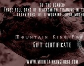 Three full days Blacksmith training class laminated gift certificate