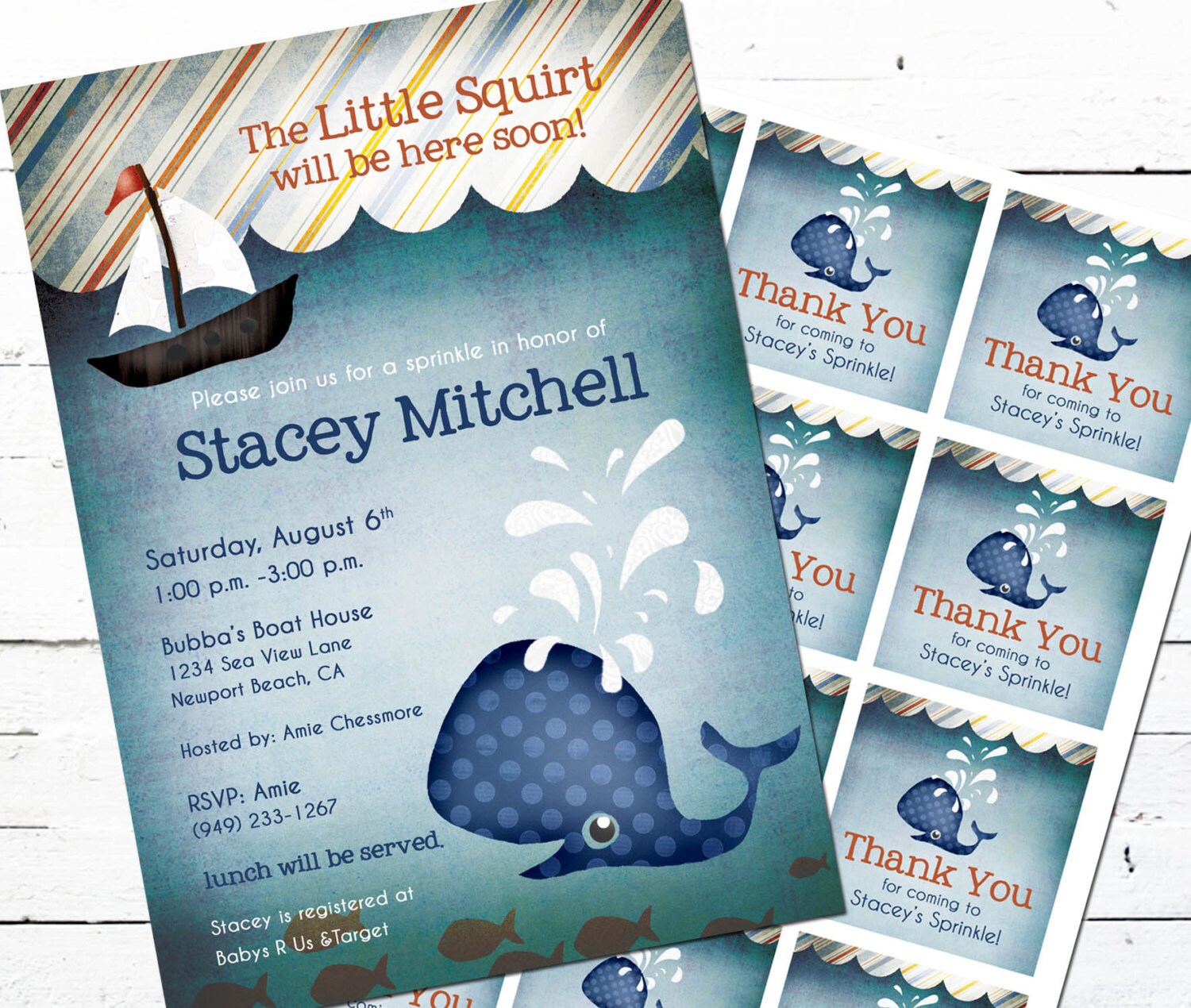 Whale Baby Shower Invitation and Gift Bag Tags Little Squirt Etsy