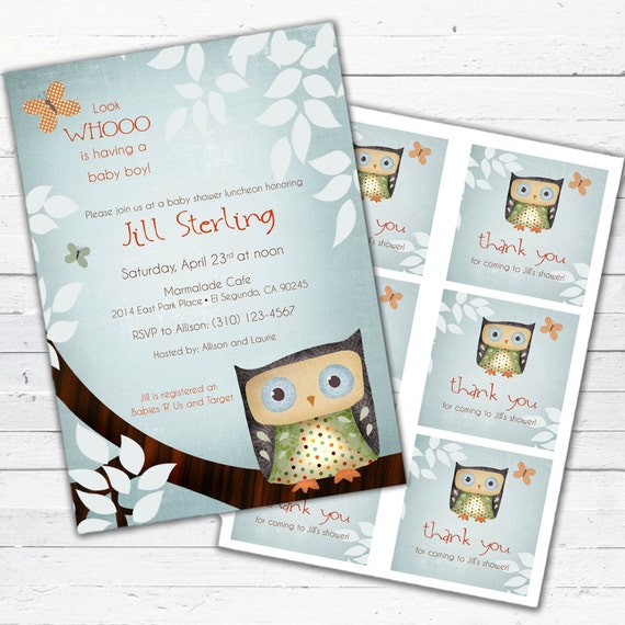 Items similar to Owl Baby Shower Invitation (boy) and gift bag tags