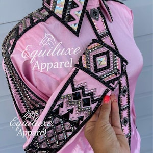 Pink Western Showmanship Shirt – Blinged Horse Show Shirt – Youth/Adult Size – Rodeo Queen Shirt – Custom Bling Rodeo Apparel -Taffeta Shirt