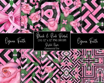 Digital Paper, Floral Digital Paper, Flower Digital, Black and Pink Digital Paper, Pink and Black Digital Paper, Fashion Digital Paper Pack
