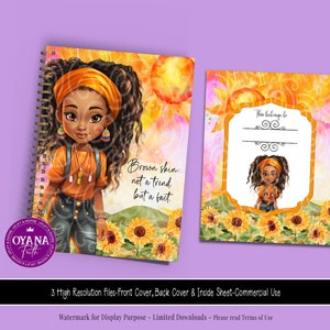 Puede incluir: Una cubierta de cuaderno espiral con una ilustraci&oacute;n de acuarela de una ni&ntilde;a con piel morena y cabello rizado. Lleva una diadema amarilla, una camisa naranja y pantalones vaqueros azules. El fondo presenta girasoles y el texto "Piel morena: no una tendencia, sino un hecho." La contraportada tiene un espacio para un nombre y el texto "Esto pertenece a".