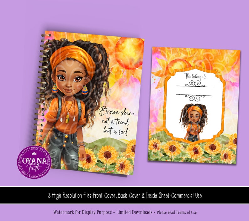Puede incluir: Una cubierta de cuaderno espiral con una ilustraci&oacute;n de acuarela de una ni&ntilde;a con piel morena y cabello rizado. Lleva una diadema amarilla, una camisa naranja y pantalones vaqueros azules. El fondo presenta girasoles y el texto "Piel morena: no una tendencia, sino un hecho." La contraportada tiene un espacio para un nombre y el texto "Esto pertenece a".