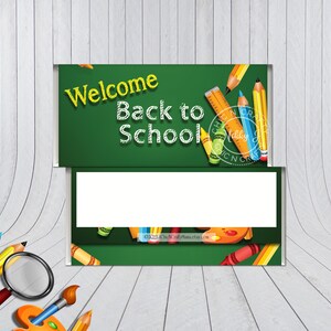 May include: Printable back to school chocolate bar wrapper with a green chalkboard background and the text "Welcome Back to School". The wrapper is decorated with colorful pencils, crayons, and a ruler.