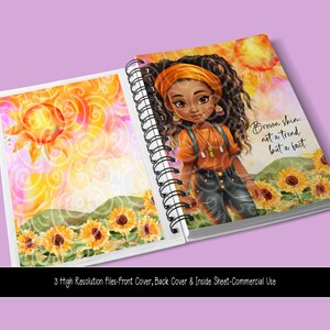 Puede incluir: Un cuaderno de espiral con una ilustraci&oacute;n de acuarela de una ni&ntilde;a con piel morena y cabello rizado. Lleva una diadema, una camisa marr&oacute;n y pantalones vaqueros. El fondo es una puesta de sol con girasoles. El texto de la portada dice "Piel morena: no una tendencia, sino un hecho."