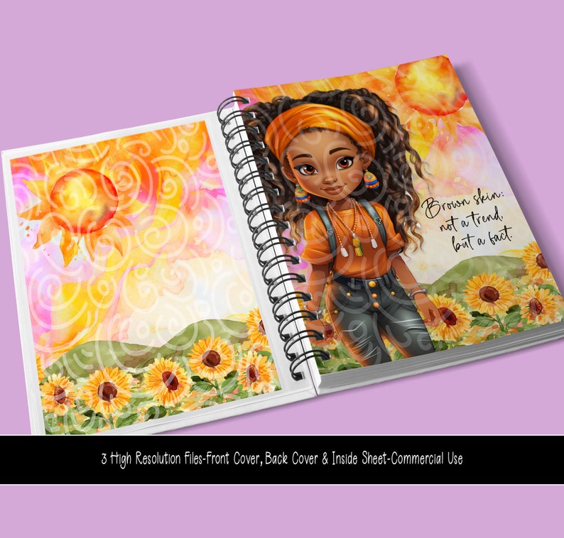 Puede incluir: Un cuaderno de espiral con una ilustraci&oacute;n de acuarela de una ni&ntilde;a con piel morena y cabello rizado. Lleva una diadema, una camisa marr&oacute;n y pantalones vaqueros. El fondo es una puesta de sol con girasoles. El texto de la portada dice "Piel morena: no una tendencia, sino un hecho."