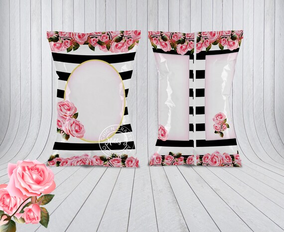 Commercial Use,Black and White Stripe, Pink Rose, Chip Bag, Pre-Designed Template, Instant Download Il_570xn