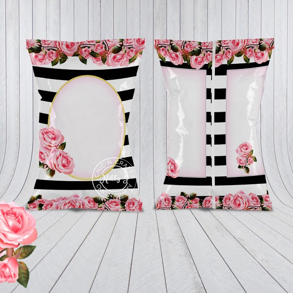 Chip Bag Template,Black and White Stripe, Pink Rose, Chip Bag, Pre-Designed Template, Commercial Use, Instant Download