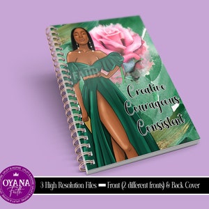 Puede incluir: Una libreta de espiral verde con un fondo de acuarela verde y dorado. La portada presenta a una mujer negra con un vestido verde y una rosa rosa. El texto "Creative Courageous Consistent" est&aacute; impreso en la portada.