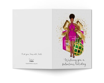 Sorority Inspired, Greeting Card, Christmas Card, Pink & Green Christmas, Black Christmas Cards, Black Greeting Cards,  Christmas A7 Card