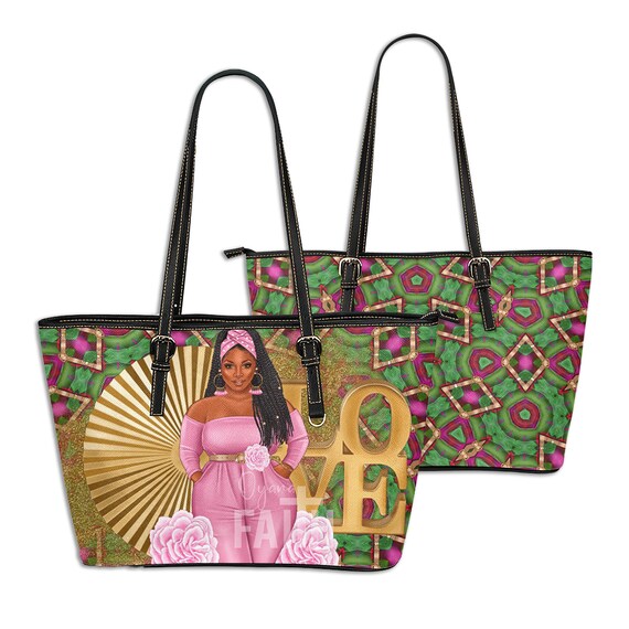 Faux Leather Tote Bag. PU Leather Tote. Pink & Green Love. Black Girl Magic Il_570xn