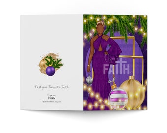 Tarjetas de felicitación, Tarjeta de Navidad, Afroamericano, Tarjetas de Navidad Negras, Tarjetas de Mujer Negra, Tarjetas de Felicitación Negras, Elegante, Navidad Púrpura