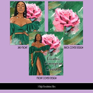 Puede incluir: Una ilustraci&oacute;n digital de una mujer con un vestido verde y una rosa rosa detr&aacute;s de ella. El texto "Creative Courageous Consistent" est&aacute; en el dise&ntilde;o de la portada.