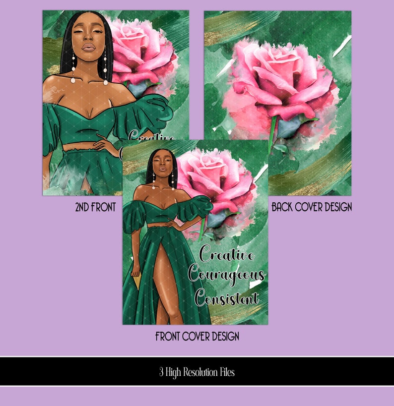 Puede incluir: Una ilustraci&oacute;n digital de una mujer con un vestido verde y una rosa rosa detr&aacute;s de ella. El texto "Creative Courageous Consistent" est&aacute; en el dise&ntilde;o de la portada.