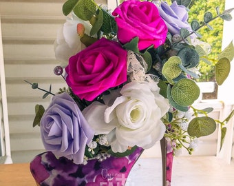 Spring Floral Arrangement, Purple Pink High Heel Shoe Arrangement, Hot Pink & Purple Roses, Mother's Day, Floral Décor, Floral Art