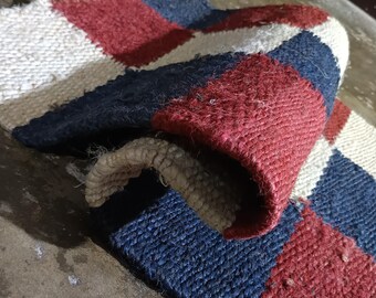Handwoven Jute Checkerboard Rug: Red, Navy, & Cream Eco Decor