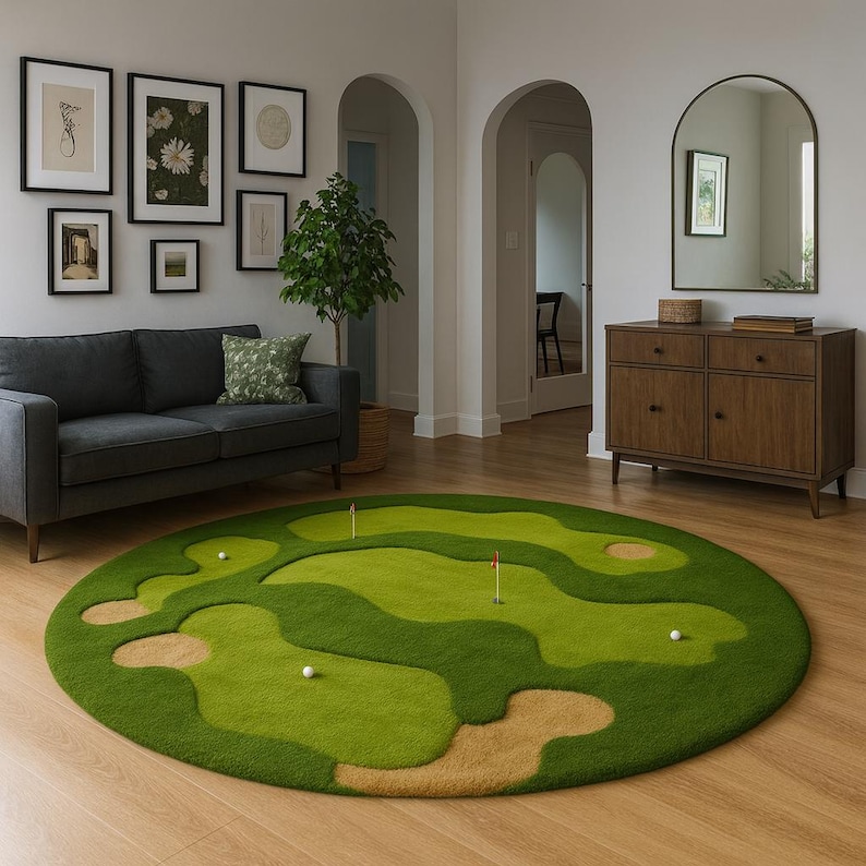 Neutral Color Golf Rug Handmade 3D Golf Course Rug: Round Wool Putting Green Carpet - Etsy