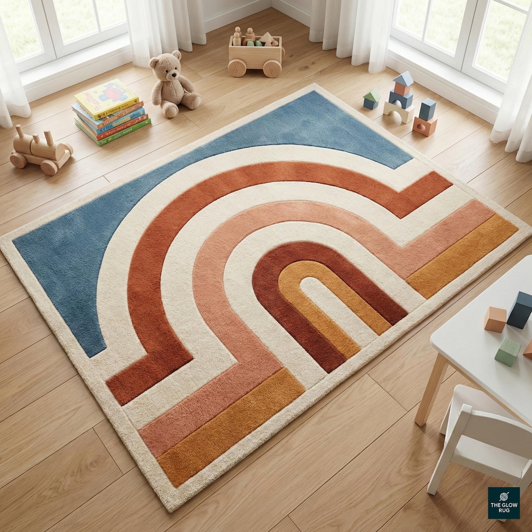 Hand Tufted Wool Rug, Modern Rainbow Arch, Geometric Carpet - Etsy