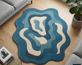 Blue Wavy Wool Rug – Handmade Irregular Modern Area Carpet