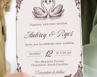 Swan Wedding Invitation Suite Elegant Vintage (Digital Editable Canva Templates)