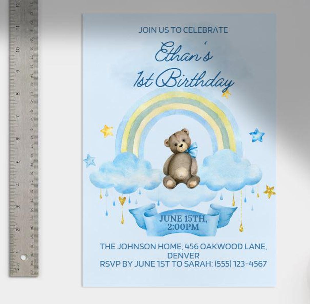 First Birthday Invite Baby Boy Teddy Bear Rainbow Blue (digital ...