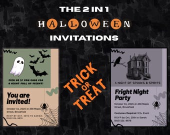 Può includere: Inviti di Halloween con fantasmi, pipistrelli e ragnatele. Il testo recita "Sei invitato!" e "Fright Night Party". Il design include anche le parole "Trick or Treat".