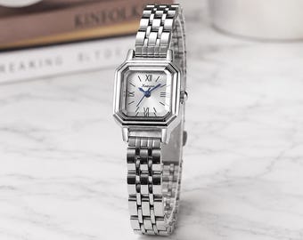 Vintage Gold Square Watch Women, Stainless Steel Bracelet Watch, Dial Quartz Wristwatch, Elegant Minimalist Ladies Gift