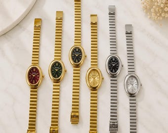 Relógio Oval em Aço Inoxidável Dourado – Mostrador Minimalista, Pulseira em Estilo Vintage