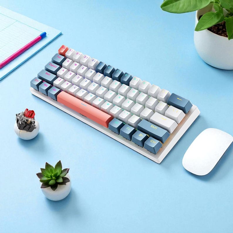 May include: A compact mechanical keyboard with white, blue, and coral keycaps. The keyboard is on a white base, next to a white mouse and small potted plants. The background is a light blue surface.