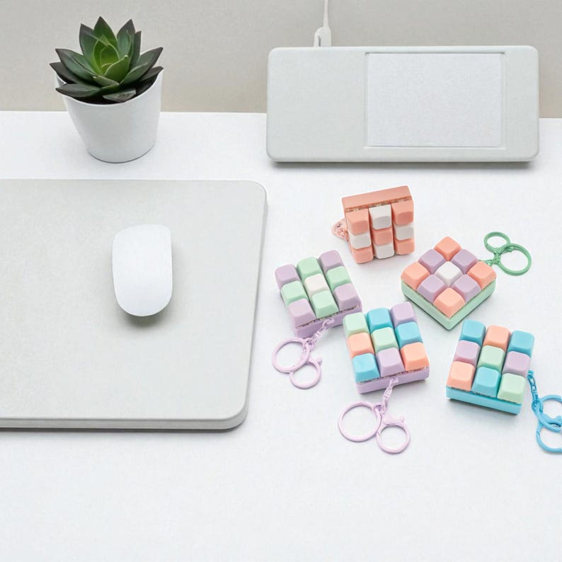 May include: A collection of colorful, pastel-colored keyboard keycap cube keychains. The keychains are in various colors, including pink, orange, green, blue, and purple. A white mouse and a small potted succulent are also visible.