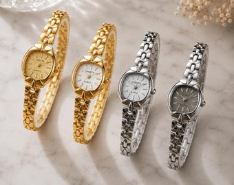 Relógio feminino retrô com mostrador oval e movimento de quartzo, pulseira – Elegante relógio de liga metálica.
