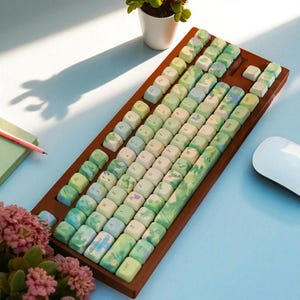 143 Keys Daisy Theme Keycap Set – Oil Paint Green Plant Design, Cherry Profile, PBT Keycaps, Compatible with Mechanical Keyboards