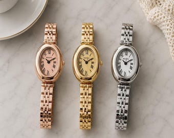 Relógio de pulso vintage oval de quartzo: mostrador pequeno, pulseira de aço ajustável, relógio de pulso retrô